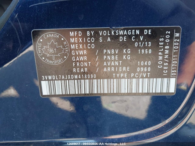 12689617 :رقم المزاد ، 3VWDL7AJXDM418090 vin ، 2013 Volkswagen Jetta 2.0 Tdi Comfortline مزاد بيع