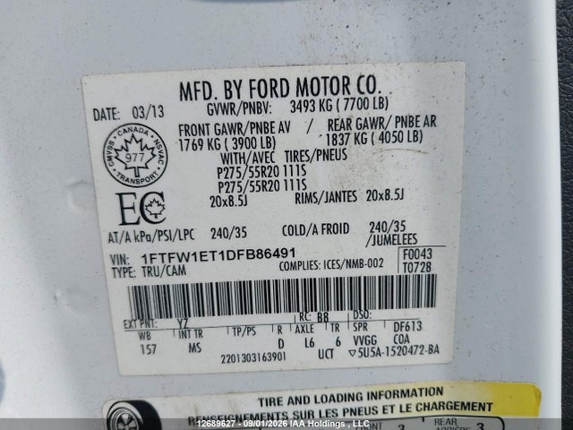 2013 Ford F-150 Xlt მანქანა იყიდება აუქციონზე, vin: 1FTFW1ET1DFB86491, აუქციონის ნომერი: 12689627