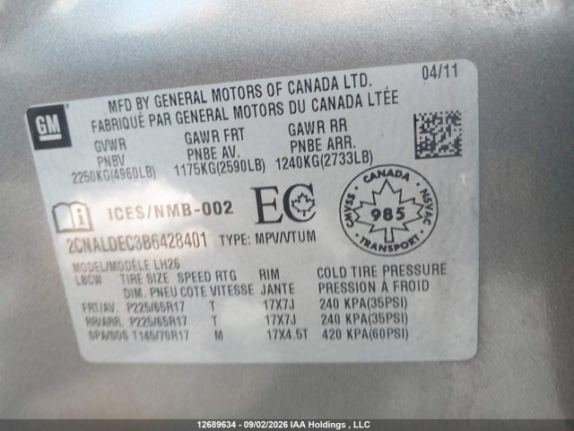 12689634 :رقم المزاد ، 2CNALDEC3B6428401 vin ، 2011 Chevrolet Equinox 1lt مزاد بيع