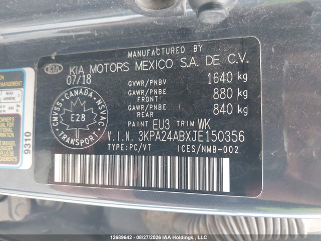 Продажа на аукционе авто 2018 Kia Rio Lx/s, vin: 3KPA24ABXJE150356, номер лота: 12689642
