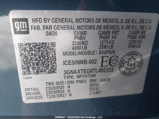3GNAXTEG8TL492153 Chevrolet Equinox Rs Awd