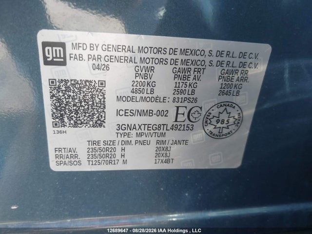 3GNAXTEG8TL492153 Chevrolet Equinox Rs Awd