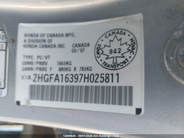 12689649 :رقم المزاد ، 2HGFA16397H025811 vin ، 2007 Honda Civic Dx مزاد بيع