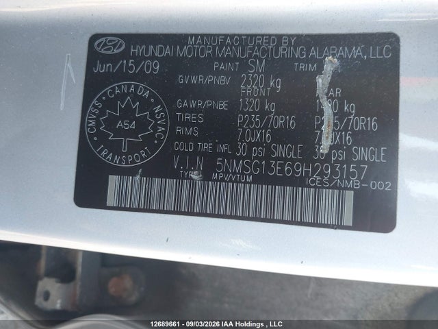 Продаж на аукціоні авто 2009 Hyundai Santa Fe Gl, vin: 5NMSG13E69H293157, номер лоту: 12689661