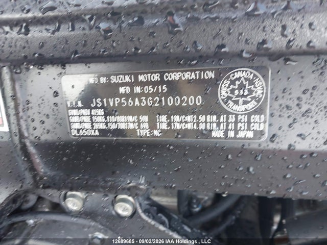 12689685 :رقم المزاد ، JS1VP56A3G2100200 vin ، 2016 Suzuki Dl650 A مزاد بيع