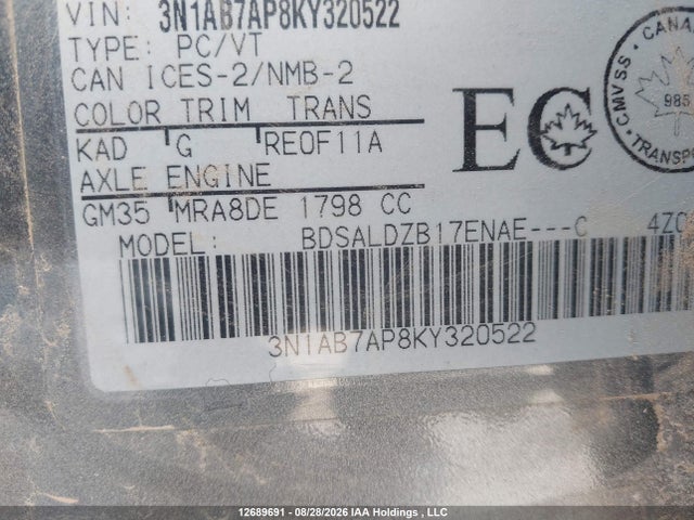 12689691 :رقم المزاد ، 3N1AB7AP8KY320522 vin ، 2019 Nissan Sentra S/sv/sr/sl مزاد بيع