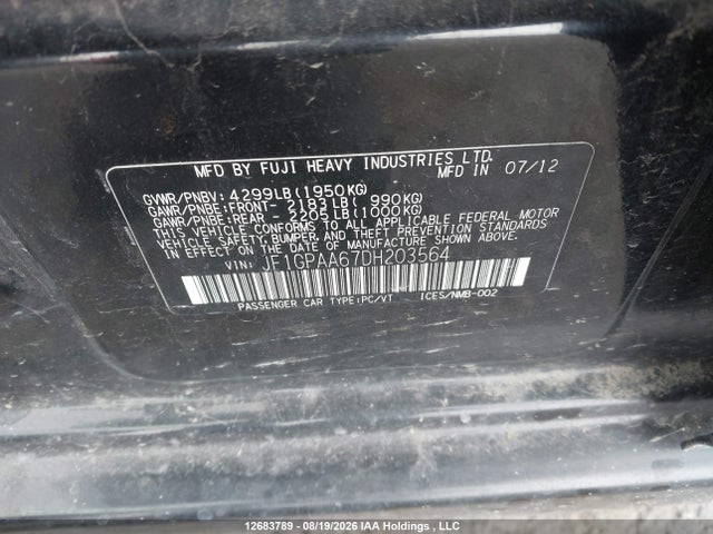 Aukcja sprzedaży 2013 Subaru Impreza 2.0i, vin: JF1GPAA67DH203564, numer aukcji: 12683789