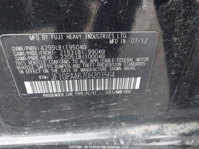 Aukcja sprzedaży 2013 Subaru Impreza 2.0i, vin: JF1GPAA67DH203564, numer aukcji: 12683789