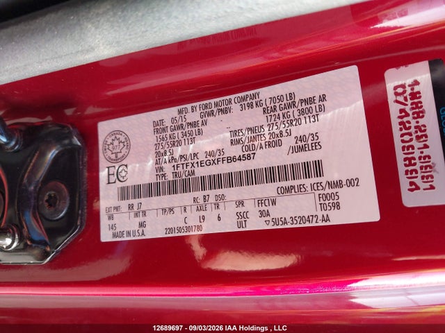 Продажа на аукционе авто 2015 Ford F-150 Xlt, vin: 1FTFX1EGXFFB64587, номер лота: 12689697