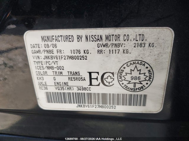 Aukcja sprzedaży 2007 Infiniti G35, vin: JNKBV61F27M800252, numer aukcji: 12689700