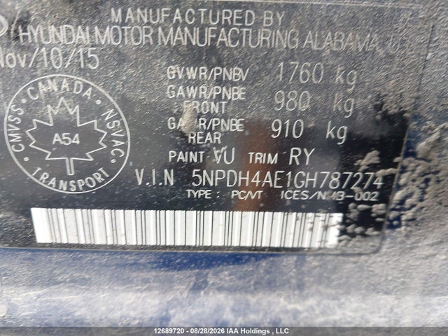 5NPDH4AE1GH787274 Hyundai ELANTRA GL