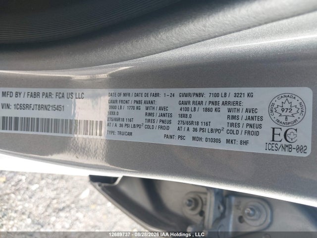 Продажа на аукционе авто 2024 Ram 1500 Laramie, vin: 1C6SRFJT8RN215451, номер лота: 12689737