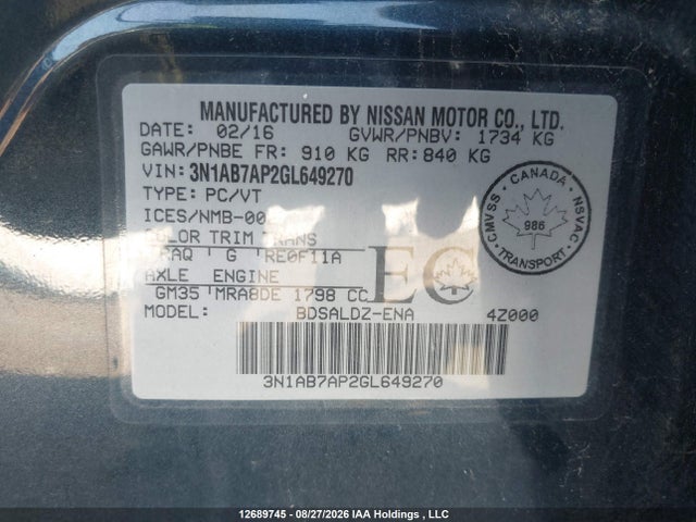 12689745 :رقم المزاد ، 3N1AB7AP2GL649270 vin ، 2016 Nissan Sentra S/sv/sr/sl مزاد بيع