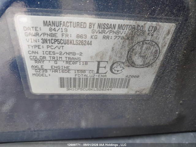 3N1CP5CU8KL526244 Nissan Kicks S/sr/sv
