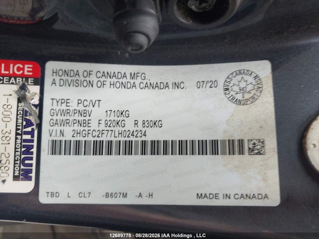 Aukcja sprzedaży 2020 Honda Civic Ex, vin: 2HGFC2F77LH024234, numer aukcji: 12689778