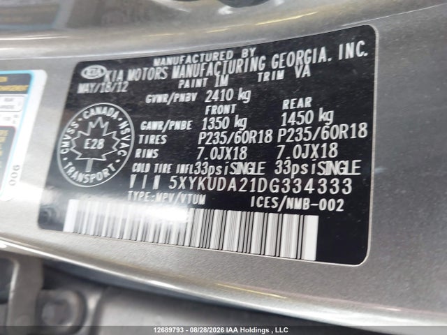 Продажа на аукционе авто 2013 Kia Sorento, vin: 5XYKUDA21DG334333, номер лота: 12689793