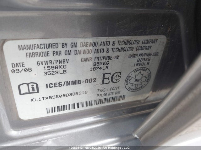 2009 Chevrolet Aveo Lt მანქანა იყიდება აუქციონზე, vin: KL1TX55E09B385319, აუქციონის ნომერი: 12689813