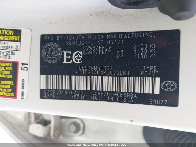 4T1C31AK1MU030063 Toyota Camry Hybrid Le