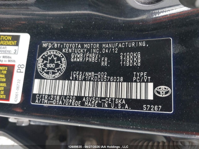 12689835 :رقم المزاد ، 4T1BF1FK0CU576038 vin ، 2012 Toyota Camry مزاد بيع