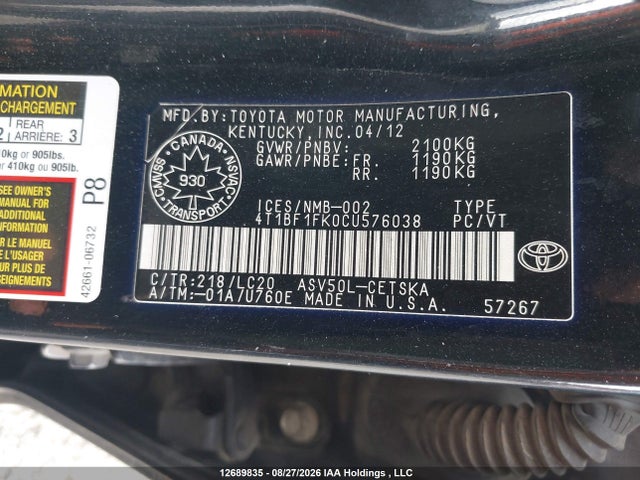 12689835 :رقم المزاد ، 4T1BF1FK0CU576038 vin ، 2012 Toyota Camry مزاد بيع