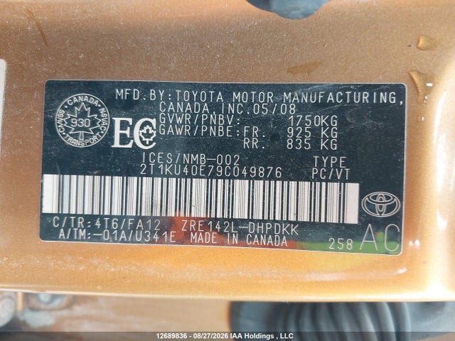 2009 Toyota Matrix მანქანა იყიდება აუქციონზე, vin: 2T1KU40E79C049876, აუქციონის ნომერი: 12689836