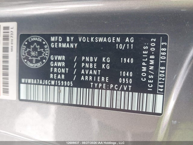 12689837 :رقم المزاد ، WVWBA7AJ6CW159905 vin ، 2012 Volkswagen Golf مزاد بيع