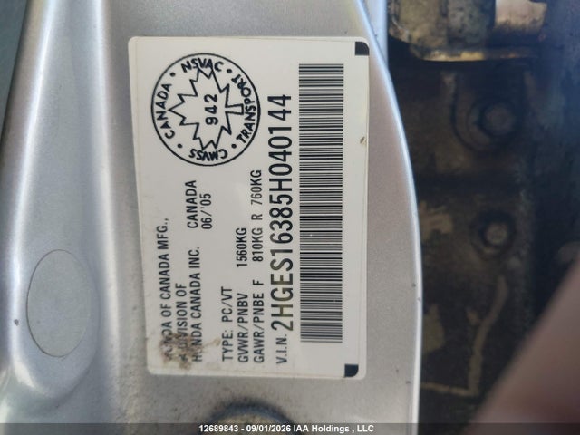 2005 Honda Civic Dx Vp მანქანა იყიდება აუქციონზე, vin: 2HGES16385H040144, აუქციონის ნომერი: 12689843