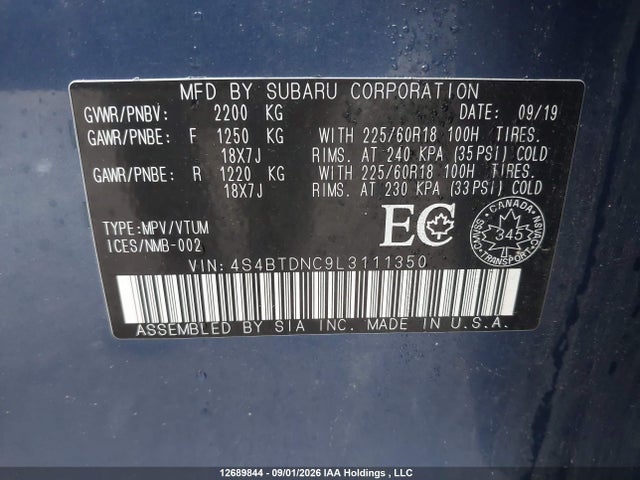 Aukcja sprzedaży 2020 Subaru Outback Limited, vin: 4S4BTDNC9L3111350, numer aukcji: 12689844