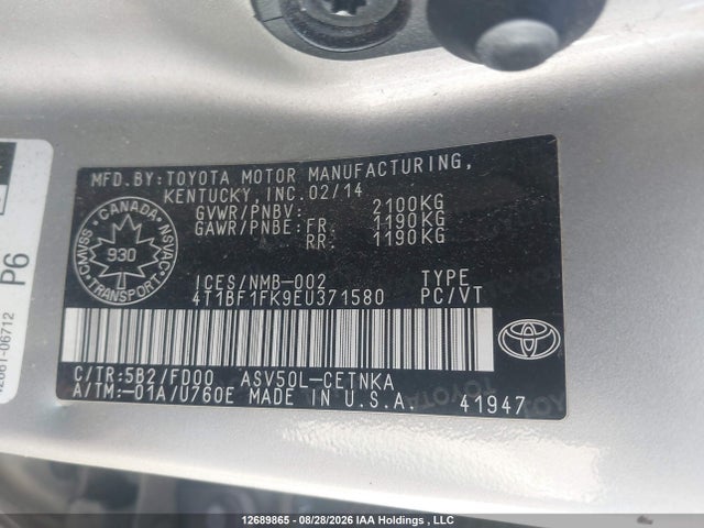 2014 Toyota Camry L/se/le/xle მანქანა იყიდება აუქციონზე, vin: 4T1BF1FK9EU371580, აუქციონის ნომერი: 12689865