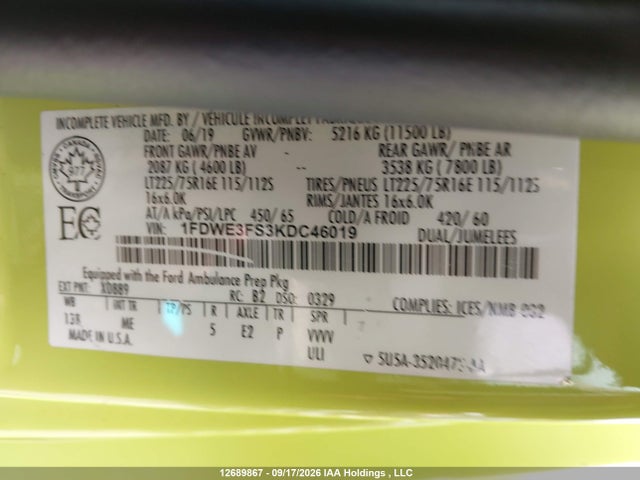 Aukcja sprzedaży 2019 Ford E-350 Cutaway, vin: 1FDWE3FS3KDC46019, numer aukcji: 12689867