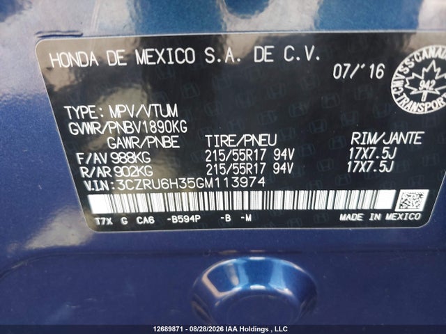 2016 Honda Hr-v Lx მანქანა იყიდება აუქციონზე, vin: 3CZRU6H35GM113974, აუქციონის ნომერი: 12689871
