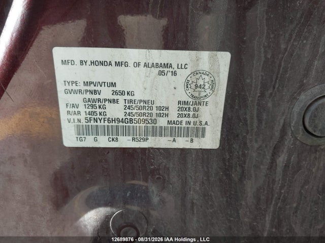 5FNYF6H94GB509530 Honda Pilot Touring