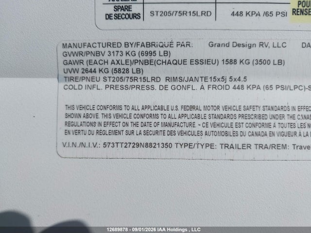 Aukcja sprzedaży 2022 Grand Design Travel Trailer, vin: 573TT2729N8821350, numer aukcji: 12689878