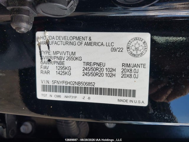 Aukcja sprzedaży 2022 Honda Pilot Elite, vin: 5FNYF6H02NB506852, numer aukcji: 12689887