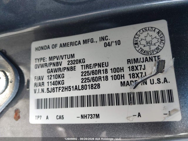 Продаж на аукціоні авто 2010 Honda Accord Crosstour Exl, vin: 5J6TF2H51AL801828, номер лоту: 12689892