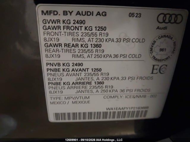 12689901 :رقم المزاد ، WA1EAAFY1P2163688 vin ، 2023 Audi Q5 Premium Plus 45 مزاد بيع