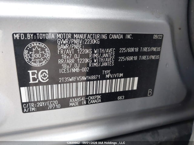 12689902 :رقم المزاد ، 2T35WRFV5NW148871 vin ، 2022 Toyota Rav4 Hybrid Xse مزاد بيع