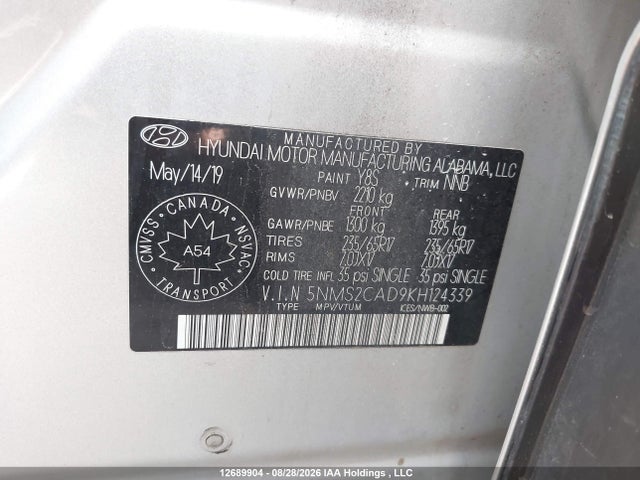 Продаж на аукціоні авто 2019 Hyundai Santa Fe Essential, vin: 5NMS2CAD9KH124339, номер лоту: 12689904