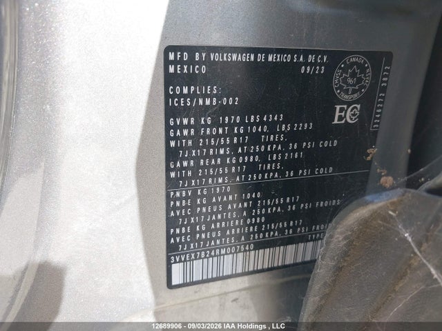 Продажа на аукционе авто 2024 Volkswagen Taos Comfortline, vin: 3VVEX7B24RM007540, номер лота: 12689906