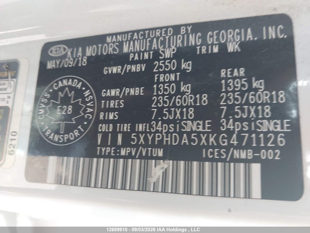 5XYPHDA5XKG471126 KIA Sorento 3.3l Ex/3.3l Ex+