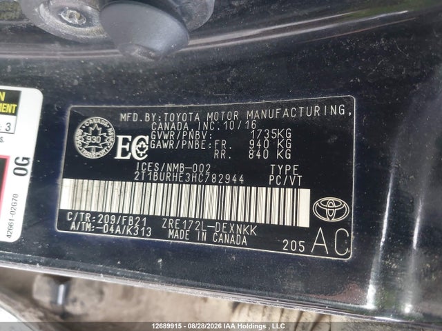 12689915 :رقم المزاد ، 2T1BURHE3HC782944 vin ، 2017 Toyota Corolla Le مزاد بيع