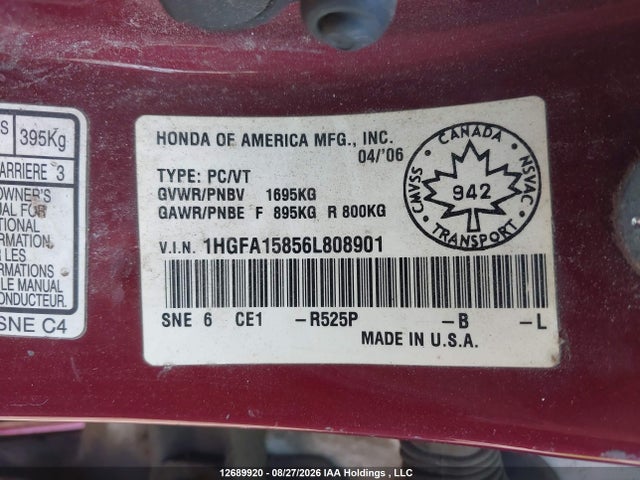 2006 Honda Civic მანქანა იყიდება აუქციონზე, vin: 1HGFA15856L808901, აუქციონის ნომერი: 12689920