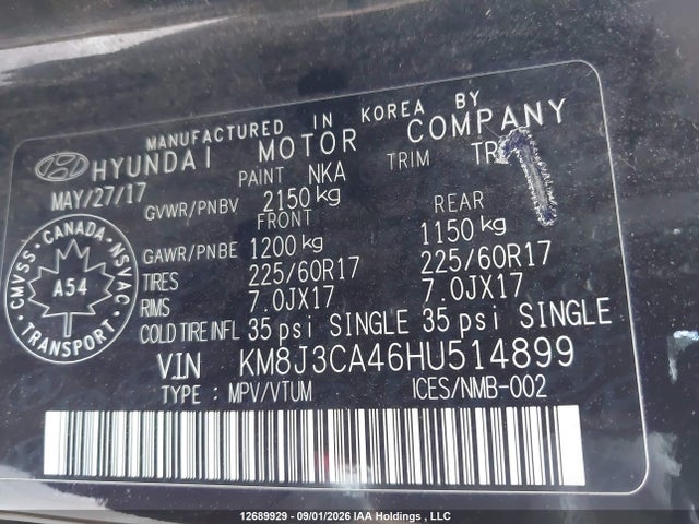 12689929 :رقم المزاد ، KM8J3CA46HU514899 vin ، 2017 Hyundai Tucson Limited/sport And Eco/se مزاد بيع