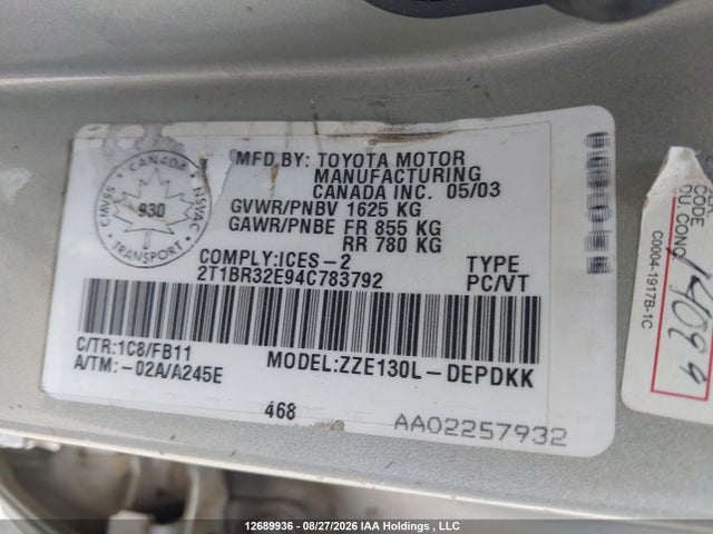 Продаж на аукціоні авто 2004 Toyota Corolla Ce/le/s, vin: 2T1BR32E94C783792, номер лоту: 12689936