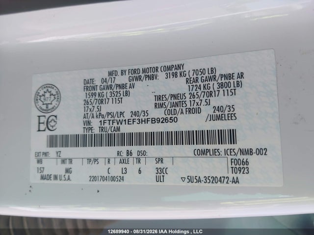 Ford F-150 Xlt 2017 1FTFW1EF3HFB92650 Image 9