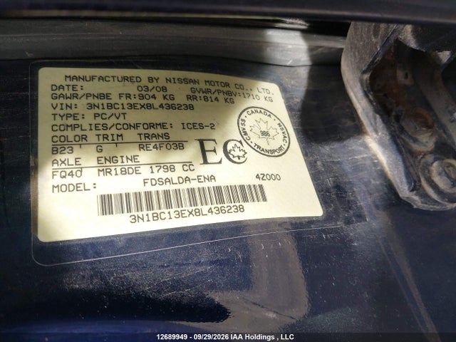 Aukcja sprzedaży 2008 Nissan Versa S/sl, vin: 3N1BC13EX8L436238, numer aukcji: 12689949