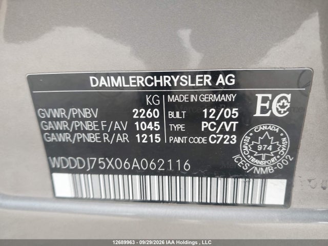 Продаж на аукціоні авто 2006 Mercedes-benz Cls 500c, vin: WDDDJ75X06A062116, номер лоту: 12689963