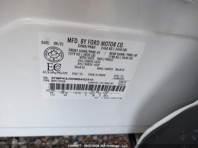 Продажа на аукционе авто 2021 Ford Edge Sel, vin: 2FMPK4J90MBA52418, номер лота: 12689977