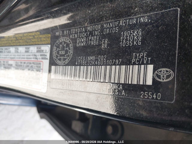 12689996 :رقم المزاد ، 4T1BE32K46U110797 vin ، 2006 Toyota Camry مزاد بيع