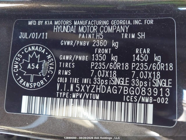 2011 Hyundai Santa Fe Limited 3.5 მანქანა იყიდება აუქციონზე, vin: 5XYZHDAG7BG083913, აუქციონის ნომერი: 12690000